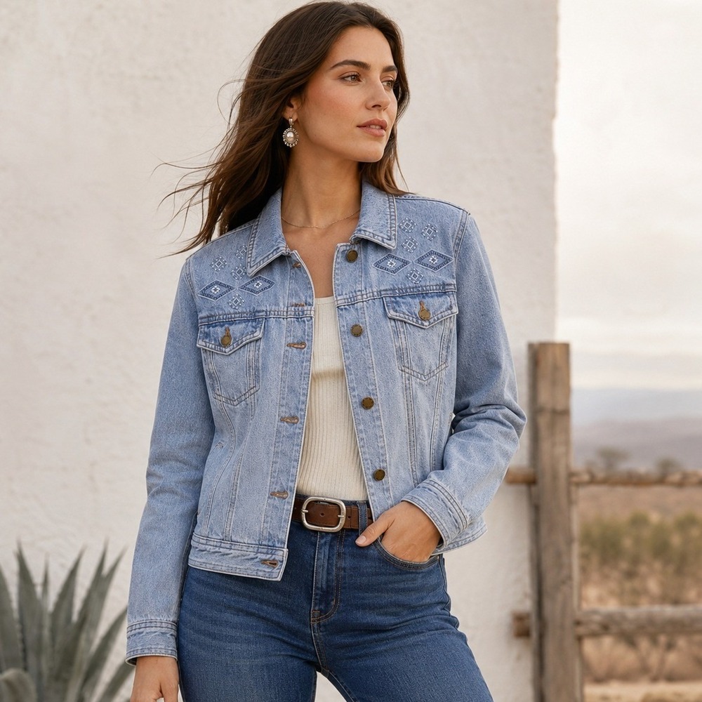 Chaps Denim Light Embroidered Southwestern Trucker Jean Jacket Rodeo Cowgirl M